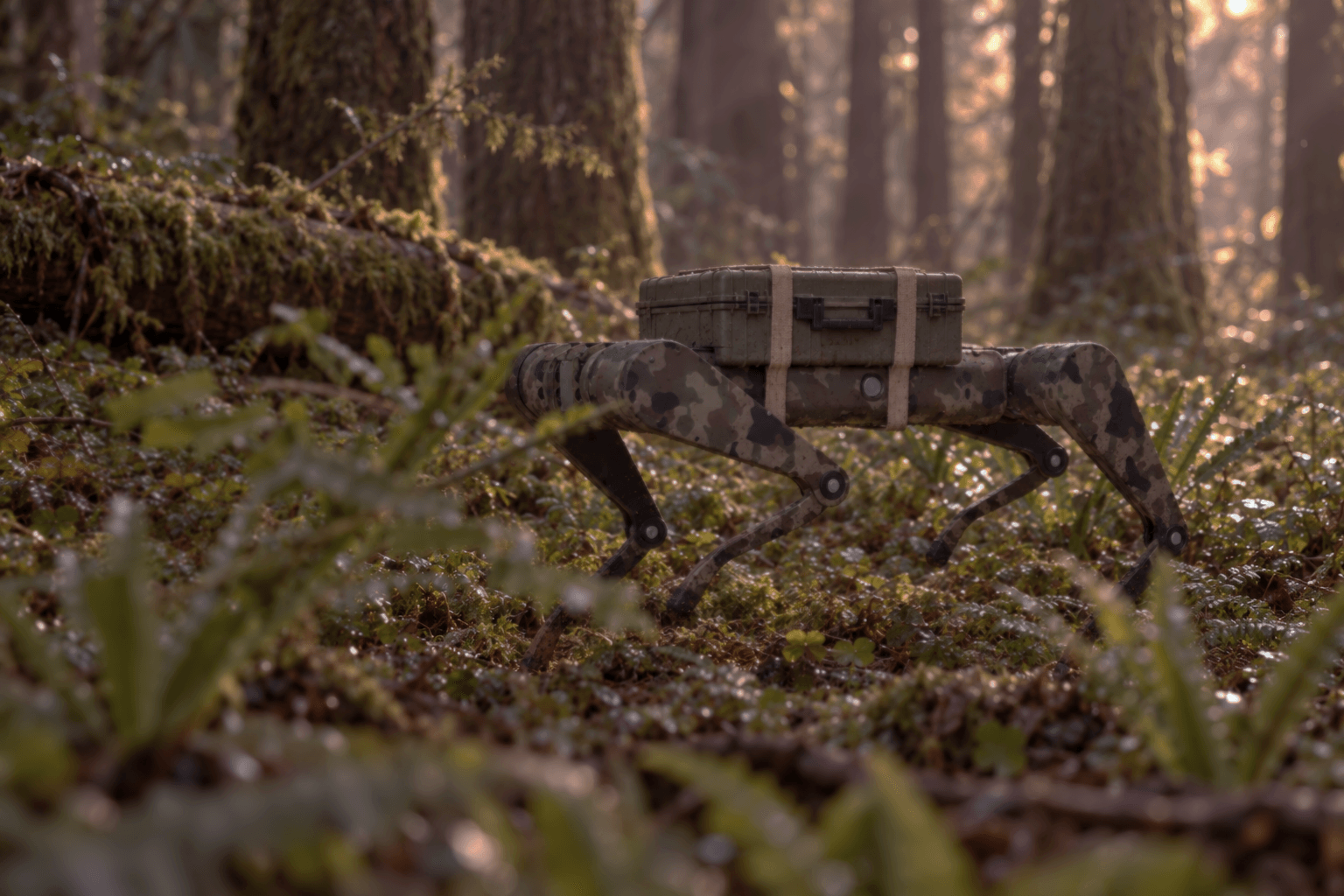 Mud-spattered Zeronce Quad carrying a short rugged olive-drab case, softly focused behind ferns and branches in a woodland clearing